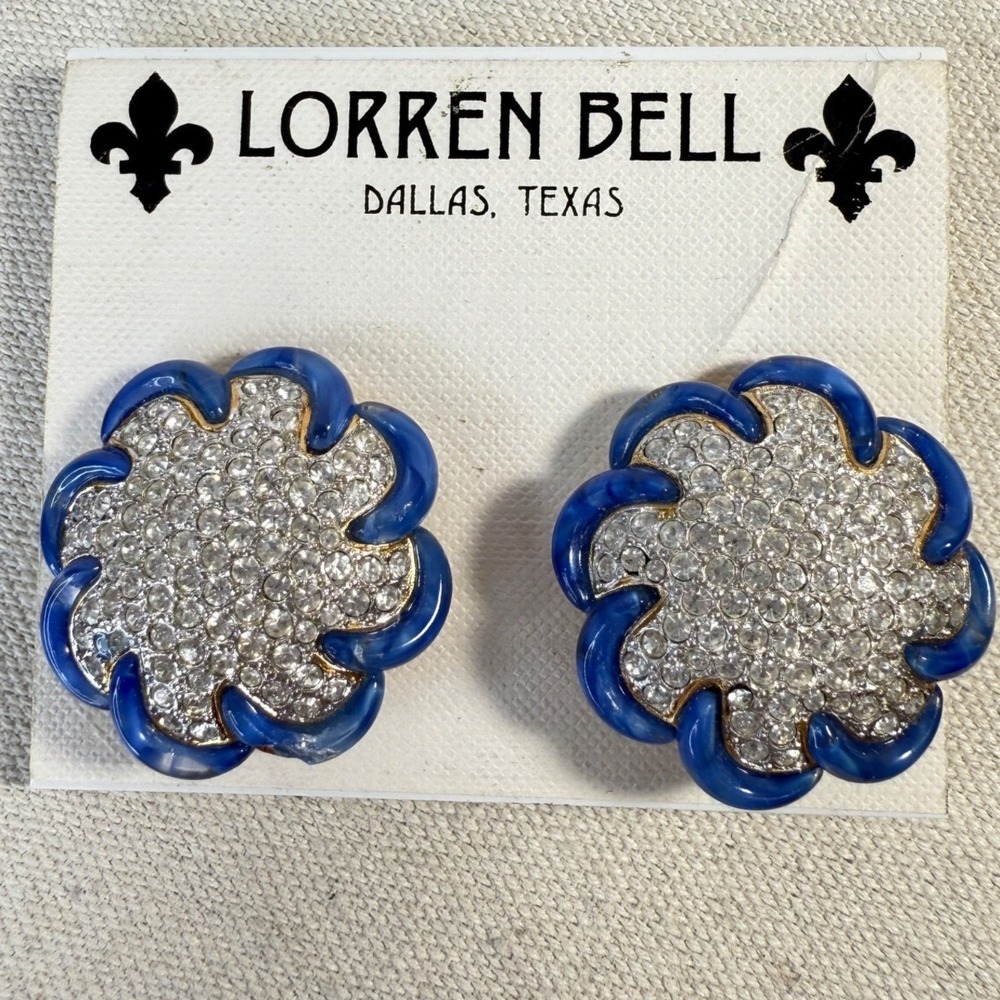 Lorren Bell Blue & Rhinestone Clip-On Earrings New